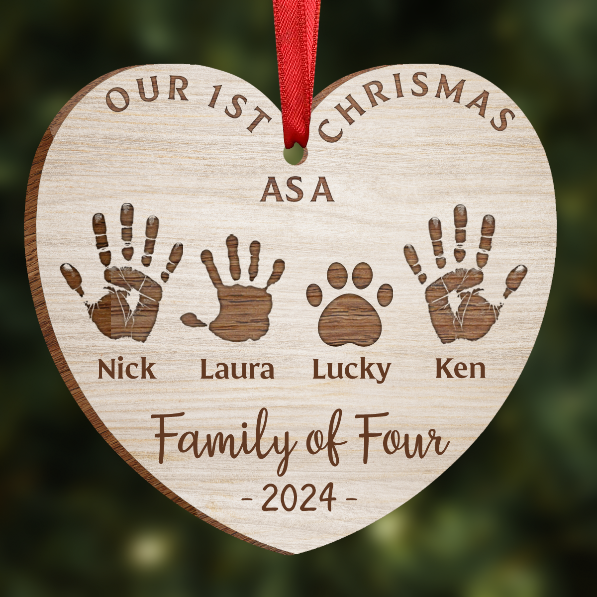 First Christmas As A Family Of Four Handprints - Personalized Custom Shaped Wooden Ornament