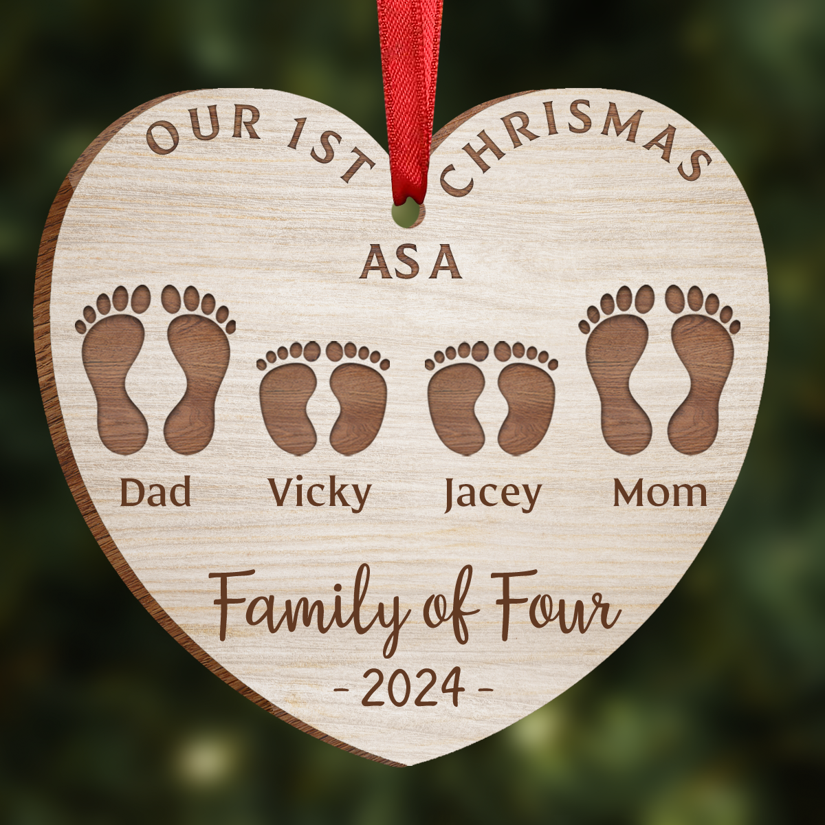 First Christmas As A Family Of Four Footprints - Personalized Custom Shaped Wooden Ornament