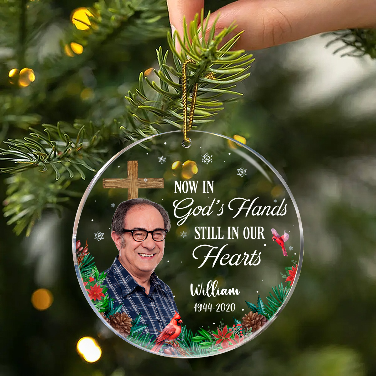 Christmas Custom Photo Memorial God Has You In His Hands - Personalized Circle Acrylic Ornament