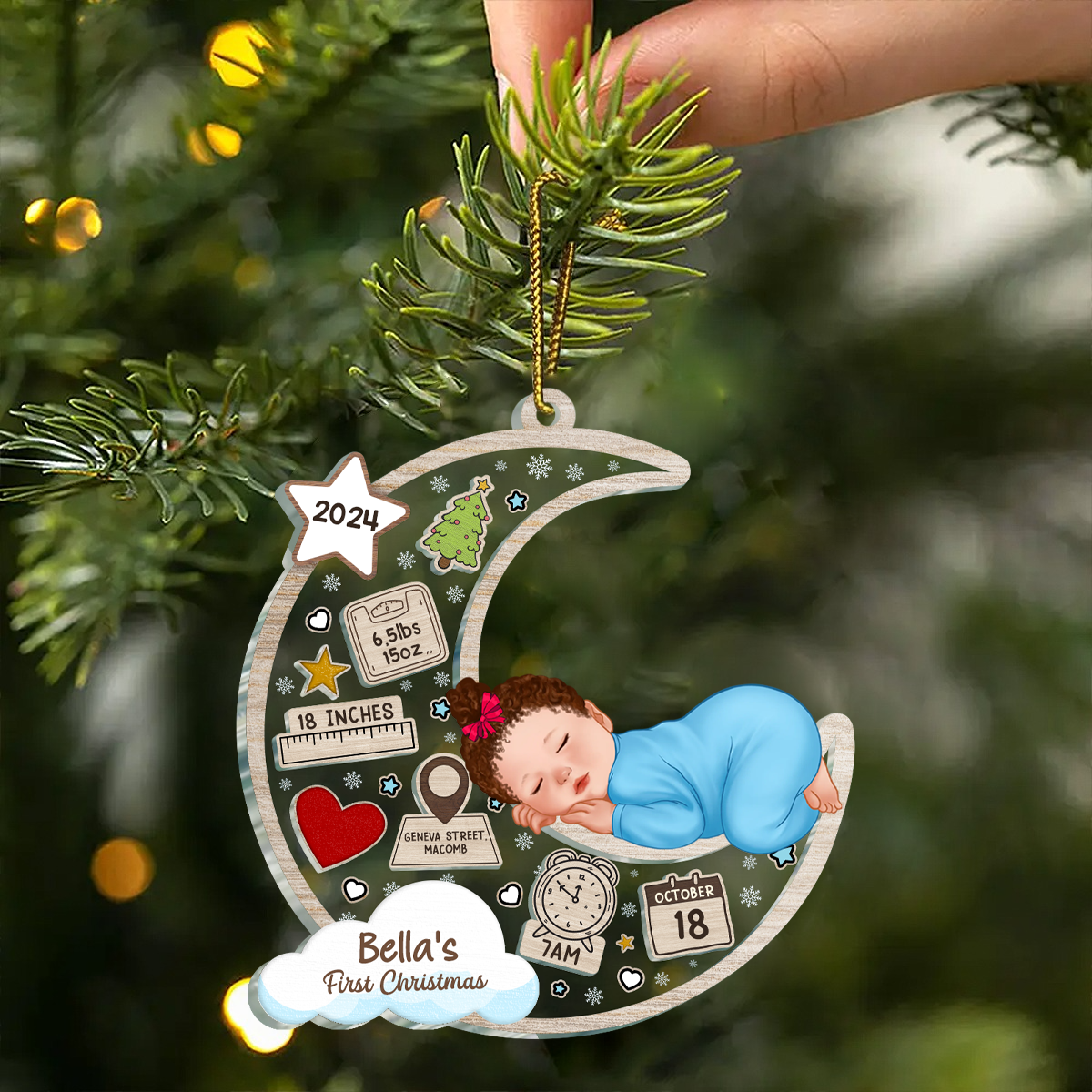 Baby Sleeping On Moon First Christmas Personalized Ornament, Custom Newborn Gift