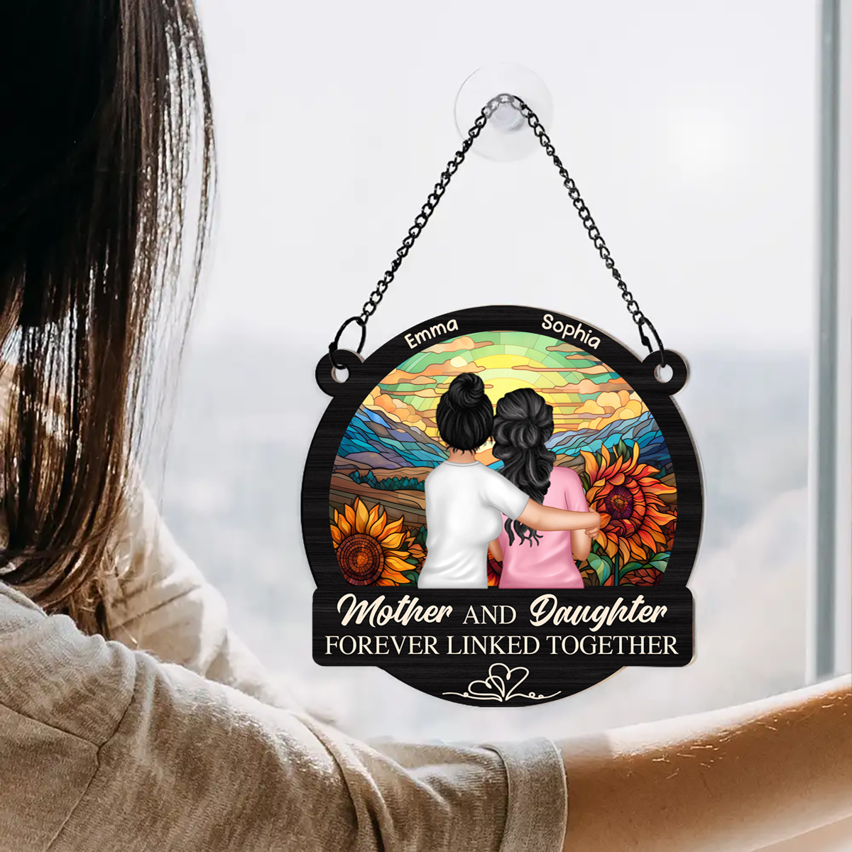 Mother Daughters Forever Linked Together - Personalized Window Hanging Suncatcher Ornament