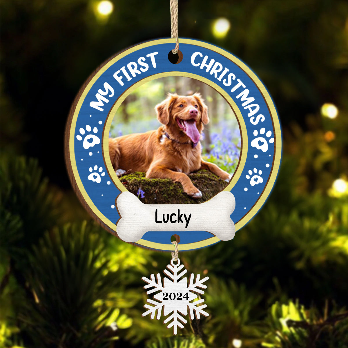 Custom Photo Dog Cat Pet's First Christmas - Personalized Mix Ornament With Wooden Tag