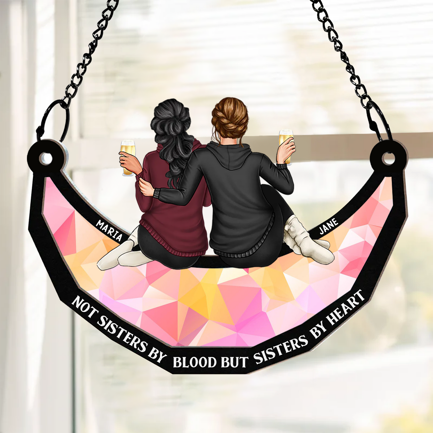 Not Sister By Blood But Sisters By Heart - Personalized Window Hanging Suncatcher Ornament