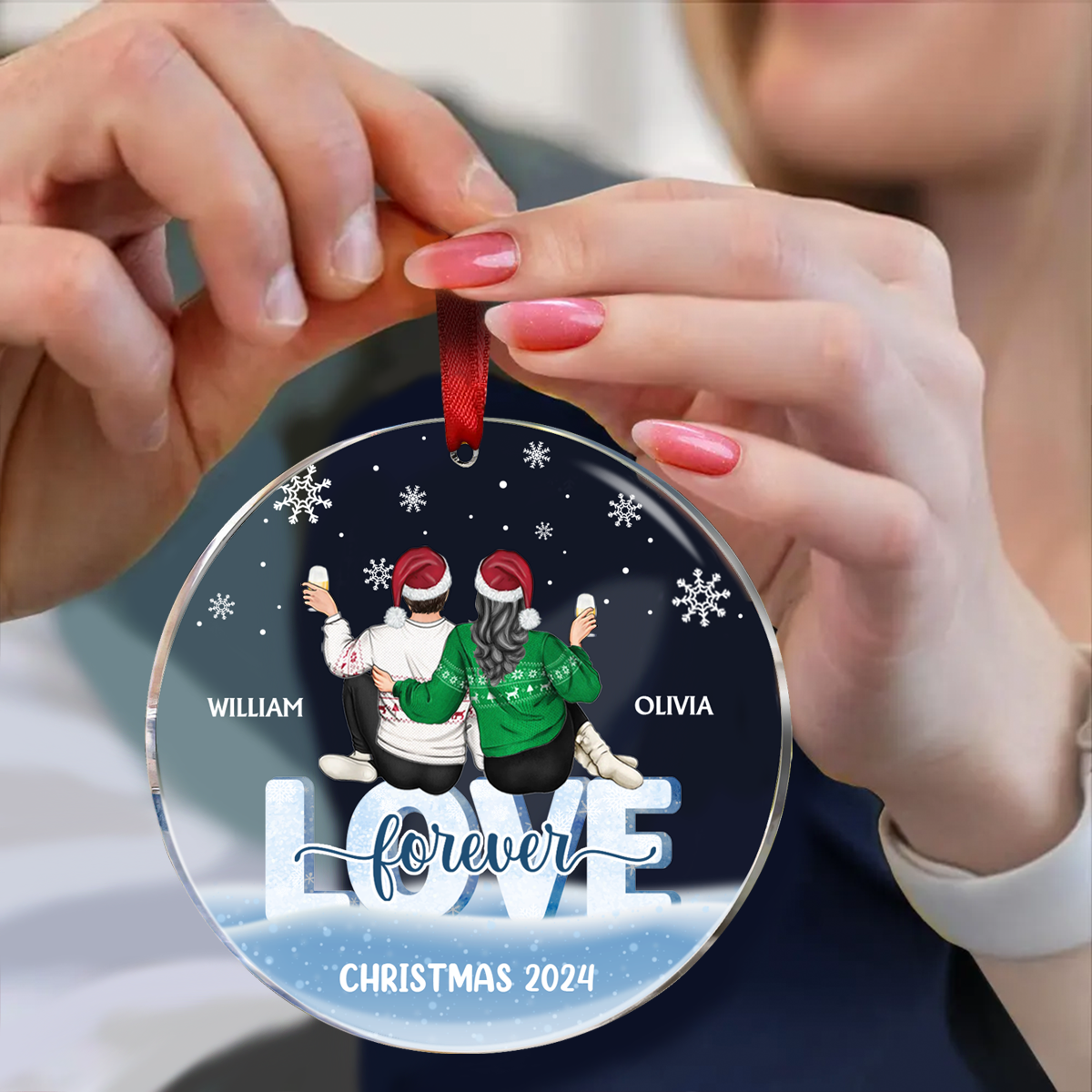 Love Forever Christmas Couple - Personalized Circle Acrylic Ornament