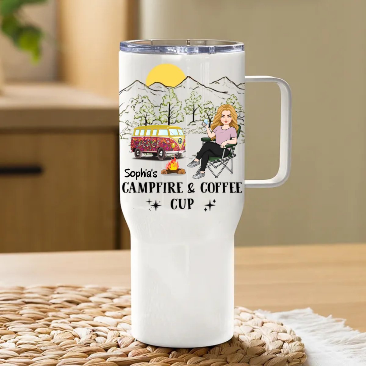 40oz Camping Lovers - Campfire And Coffee Cup - Personalized Tumbler With Handle - Makezbright Gifts