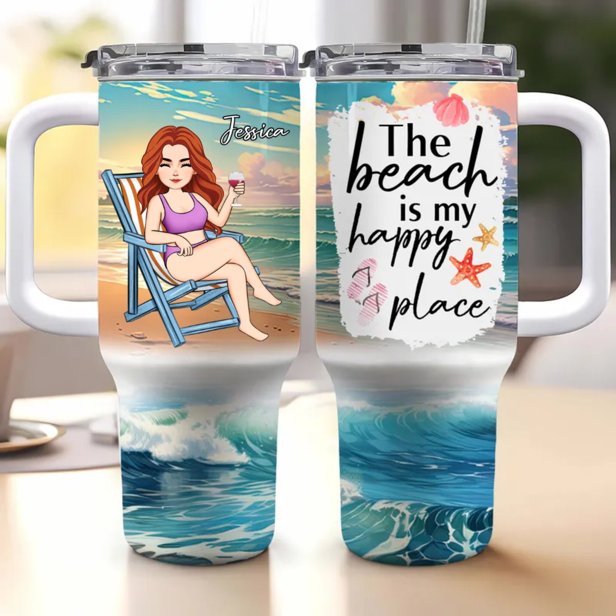 40oz Friends - The Beach Is My Happy Place - Personalized Tumbler With Straw - Makezbright Gifts