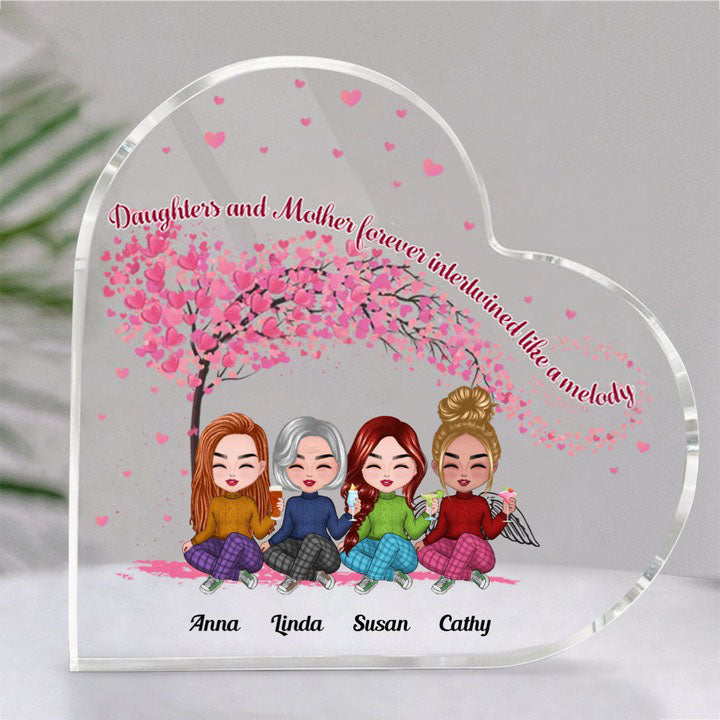 Family - Daughters And Mother, Forever Intertwined Like A Melody - Personalized Acrylic Plaque (HEART)