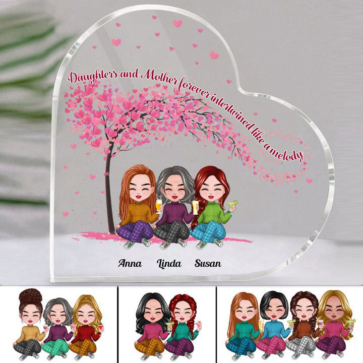 Family - Daughters And Mother, Forever Intertwined Like A Melody - Personalized Acrylic Plaque (HEART)