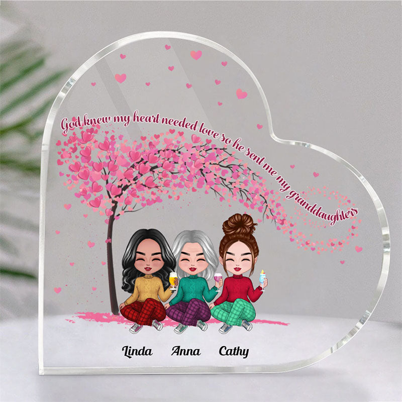 Family - God Knew My Heart Needed Love So He Sent Me My Granddaughters - Personalized Acrylic Plaque (HEART)