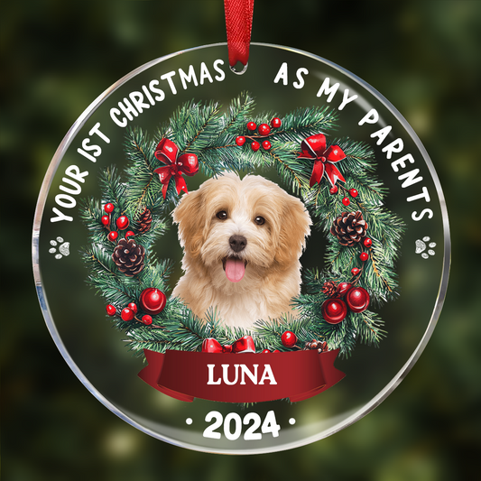 Custom Photo Dog Cat Your First Christmas As My Pawrents - Personalized Circle Acrylic Ornament