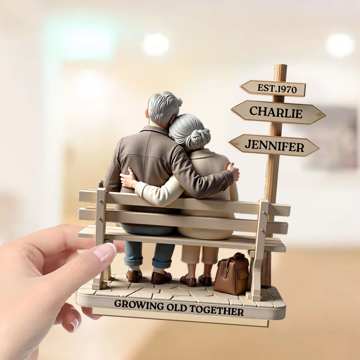 Custom Old Couple Street Sign, Romantic Bench Scene Design, Personalized Standing Wooden Plaque, Anniversary Gift, Valentine's Gift