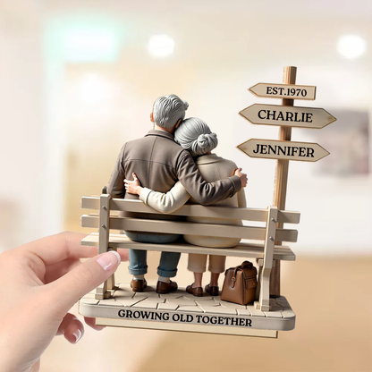 Custom Old Couple Street Sign, Romantic Bench Scene Design, Personalized Standing Wooden Plaque, Anniversary Gift, Valentine's Gift