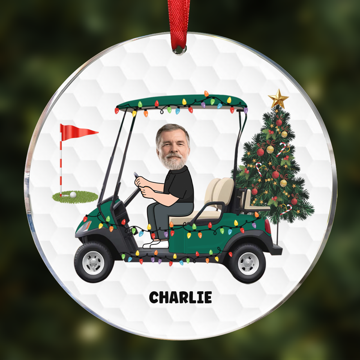 Custom Photo Funny Face Golf Cart - Personalized Circle Acrylic Ornament