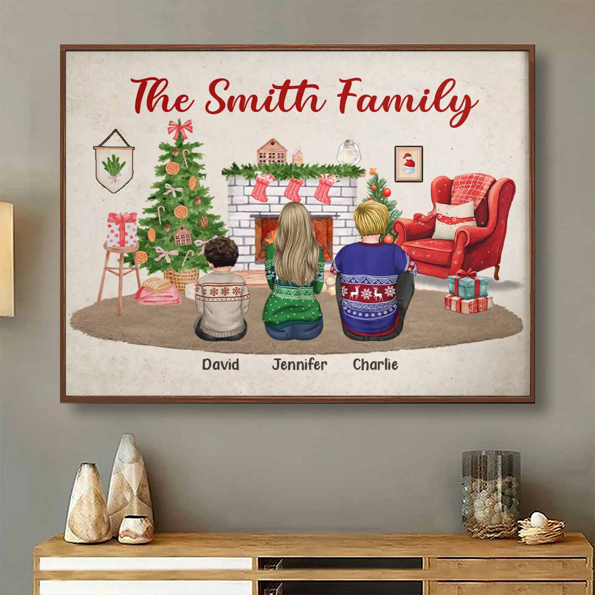 Christmas Family Back View Sitting Together At Fireplace Personalized Poster