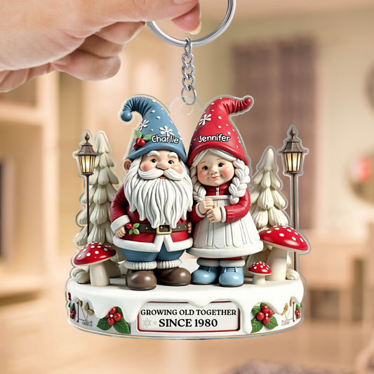 3D Effect Gnome Couple Together Personalized Acrylic Keychain Valentine's Gift For Couple, For Him, For Her, Husband, Wife