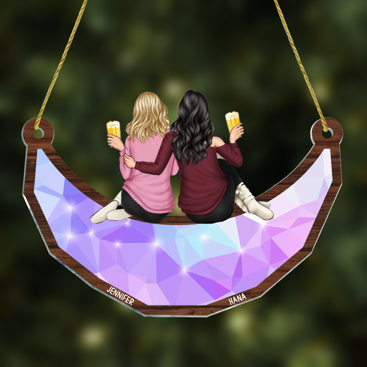 Besties Friends Sitting On The Moon - Personalized Window Hanging Suncatcher Ornament