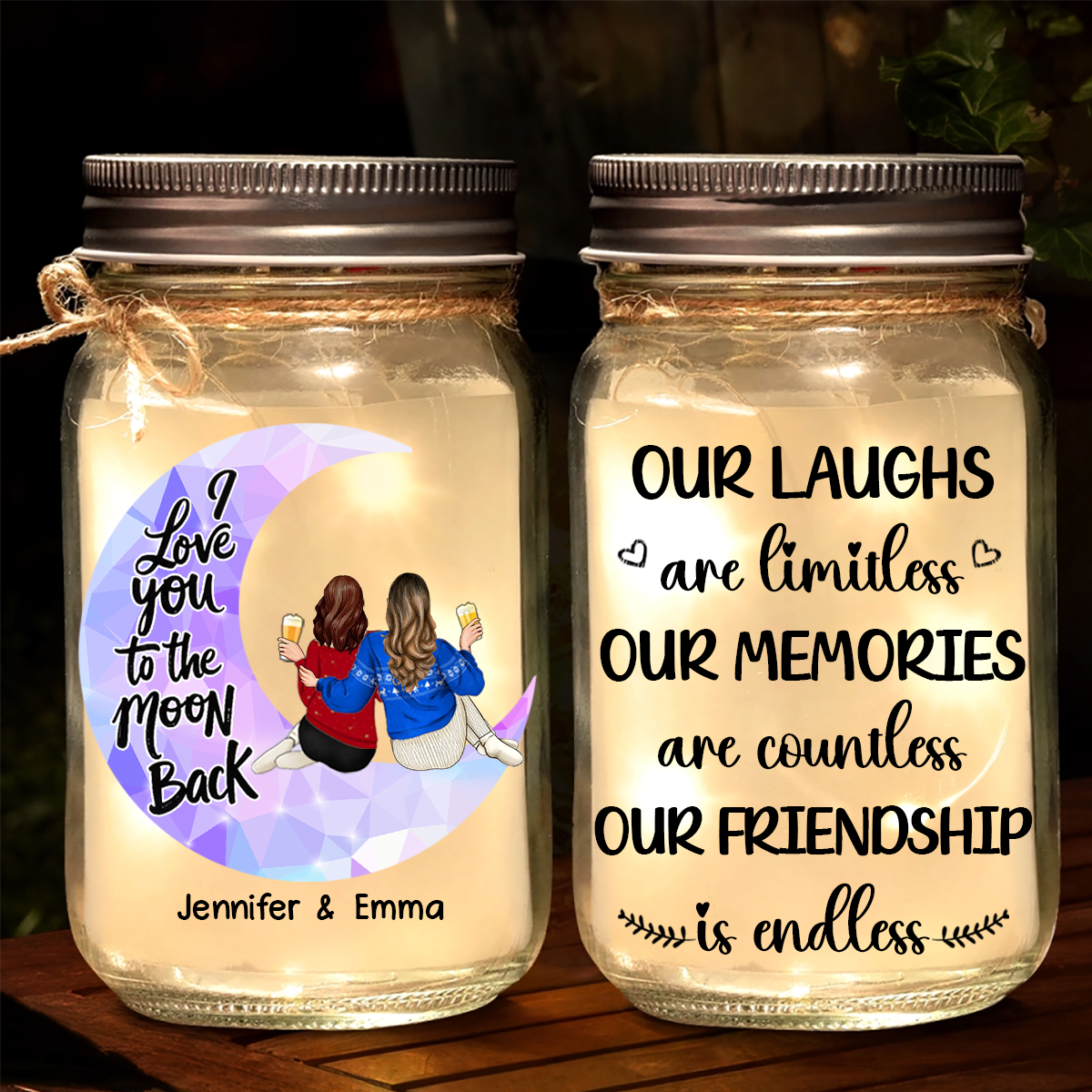 Besties I Love You To The Moon & Back - Personalized Mason Jar Light