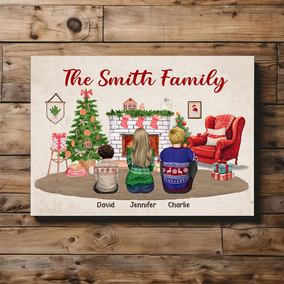 Christmas Family Back View Sitting Together At Fireplace Personalized Poster