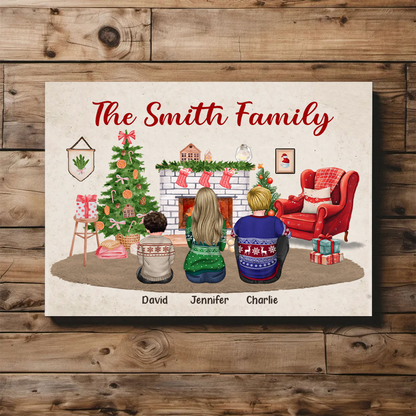 Christmas Family Back View Sitting Together At Fireplace Personalized Poster