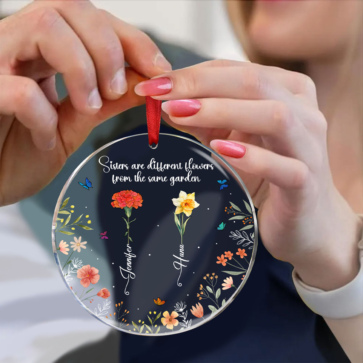 Birth Flower Sisters From The Same Garden - Personalized Circle Acrylic Ornament