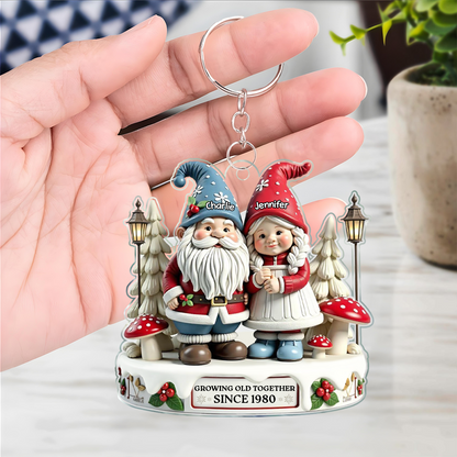 3D Effect Gnome Couple Together Personalized Acrylic Keychain Valentine's Gift For Couple, For Him, For Her, Husband, Wife