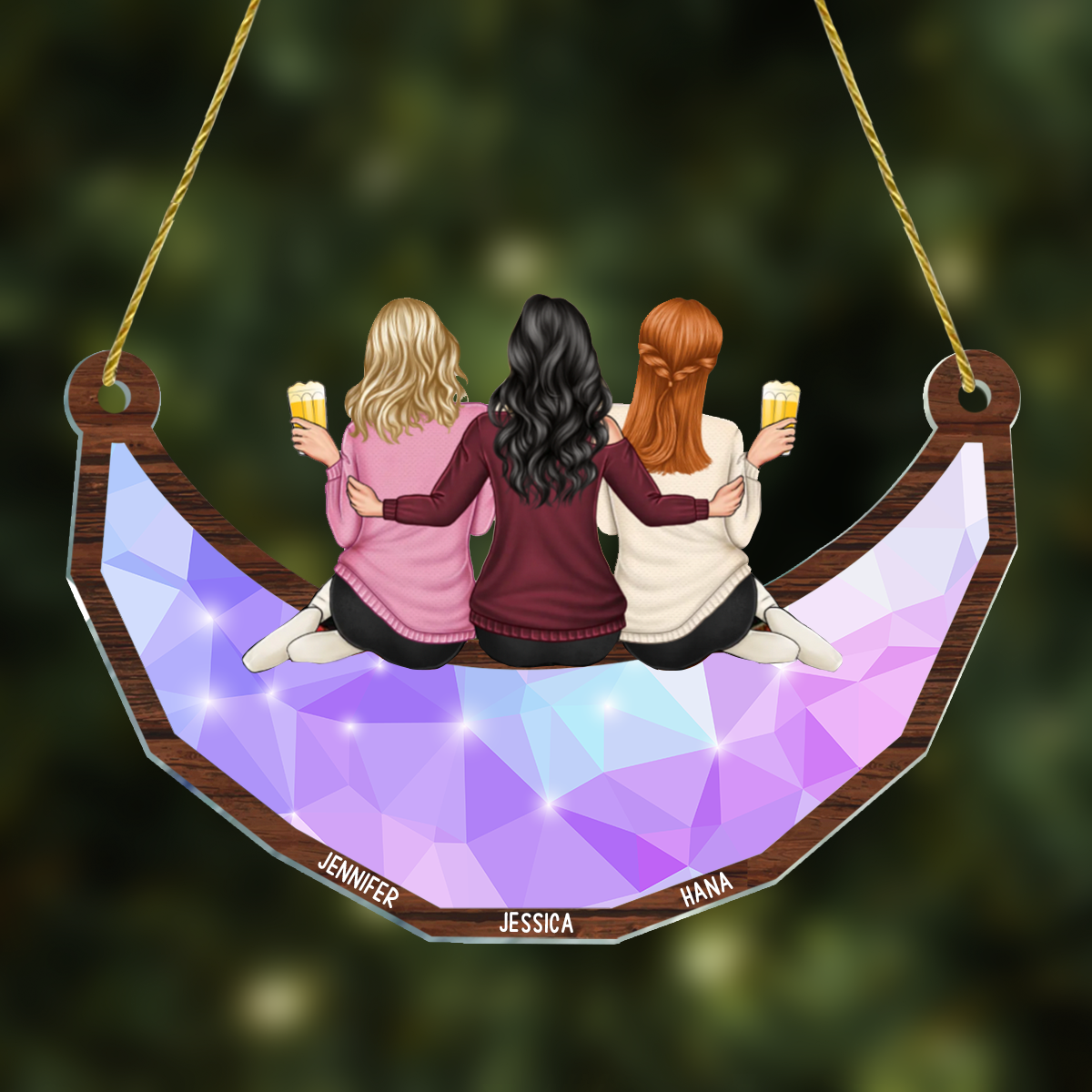 Besties Friends Sitting On The Moon - Personalized Window Hanging Suncatcher Ornament