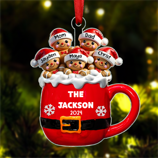 3D Effect Gingerbread Family In Hot Cocoa Christmas Decor Personalized Acrylic Ornament