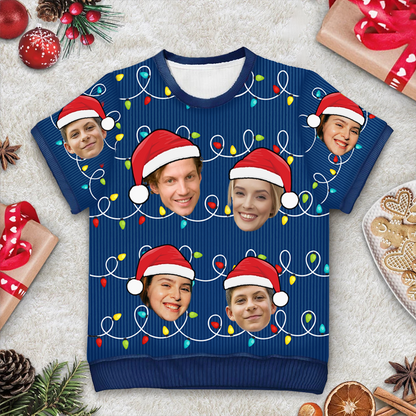 Custom Photo Santa Hat Funny Family Face - Personalized Short Sleeve Sweater