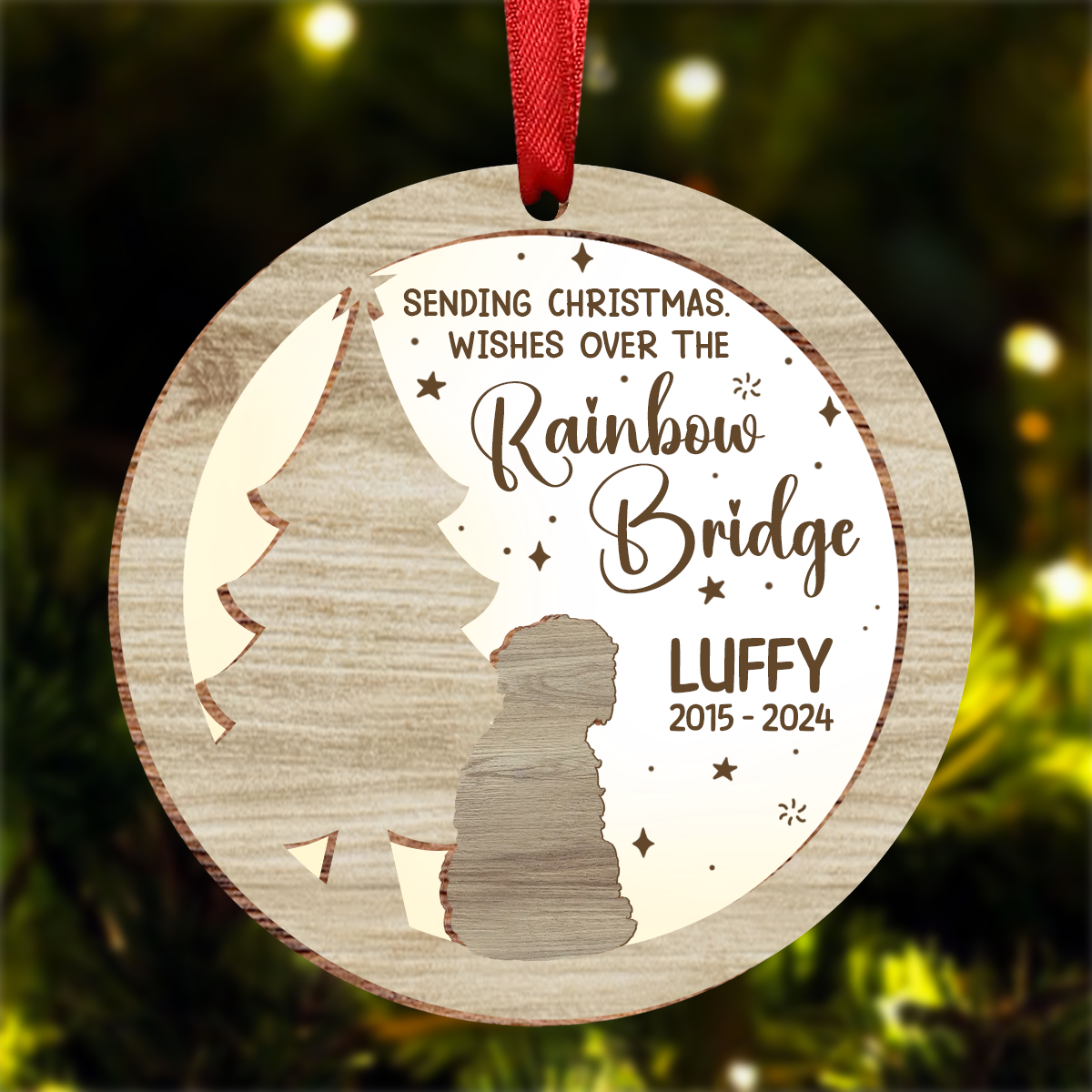 Memorial Dog Sending Christmas Wishes Over The Rainbow Bridge - Personalized Ornament