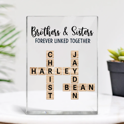 Brothers & Sisters Forever Linked Together Crossword Puzzle Art Personalized Rectangle Acrylic Block Plaque, Gift For Brothers, Sisters, Siblings, Family