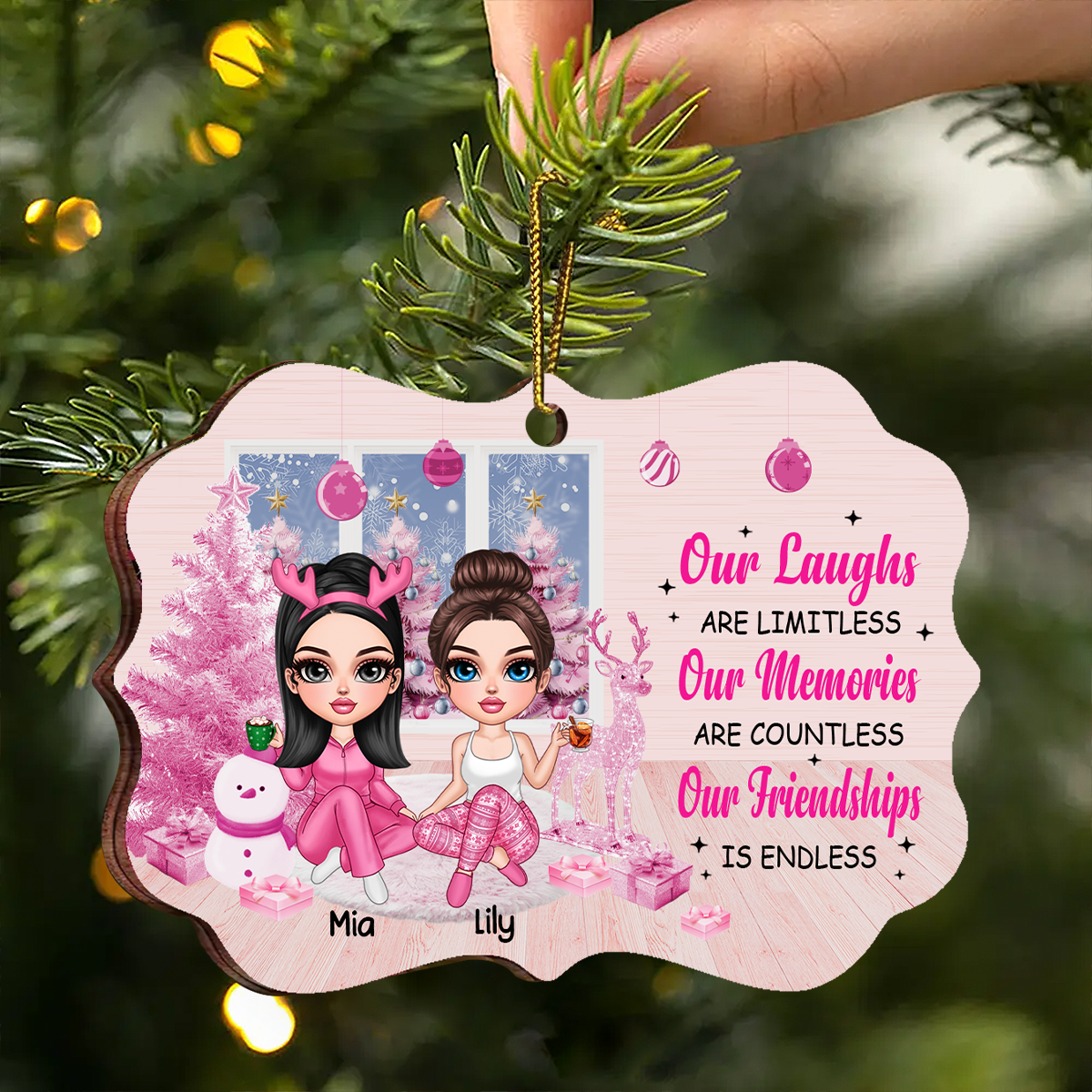 Pink Window Christmas Tree Besties Sisters Personalized Christmas Ornament