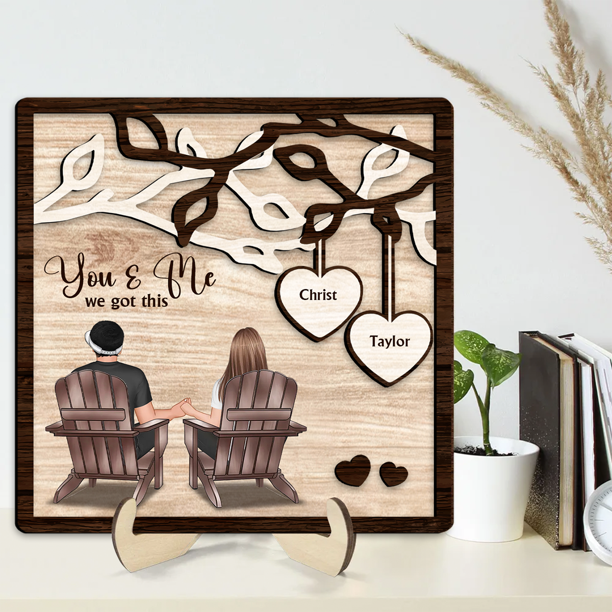 Couple Back View Sitting Under Tree Personalized 2-Layer Wooden Plaque, Valentine‘s Day Gift For Him, For Her