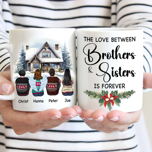 Brother Sisters Watercolor Christmas House Personalized Mug, Christmas Gift for Siblings