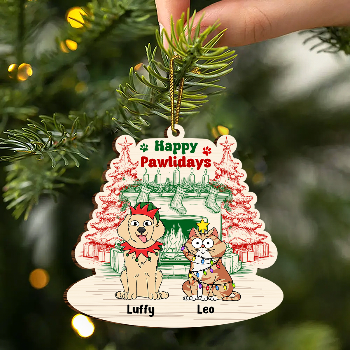 Happy Pawlidays Dog Cat - Personalized Custom Shaped Wooden Ornament