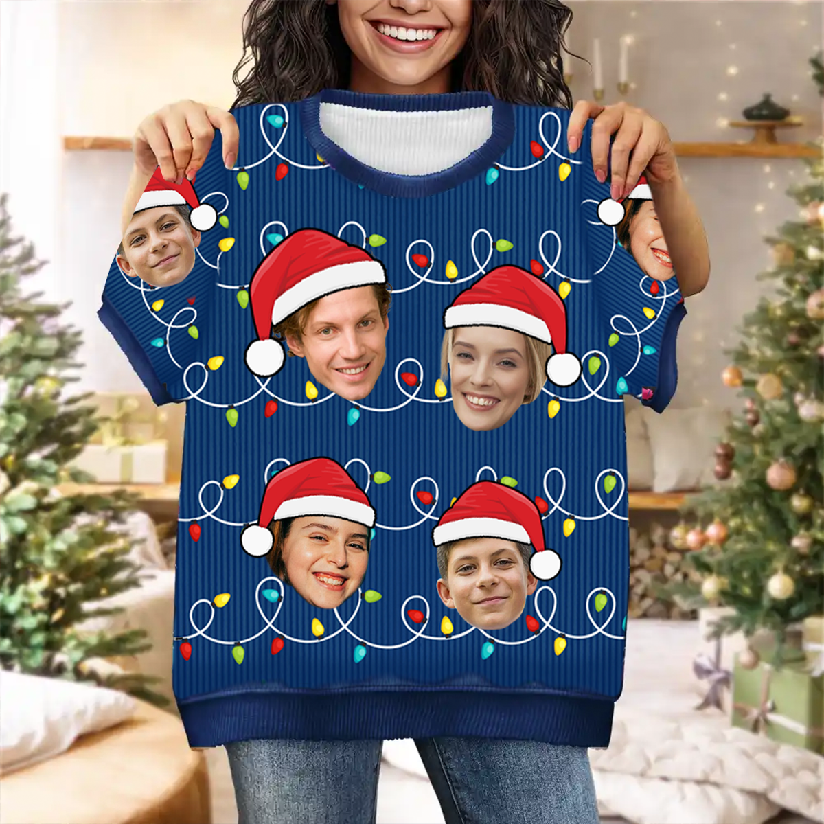 Custom Photo Santa Hat Funny Family Face - Personalized Short Sleeve Sweater