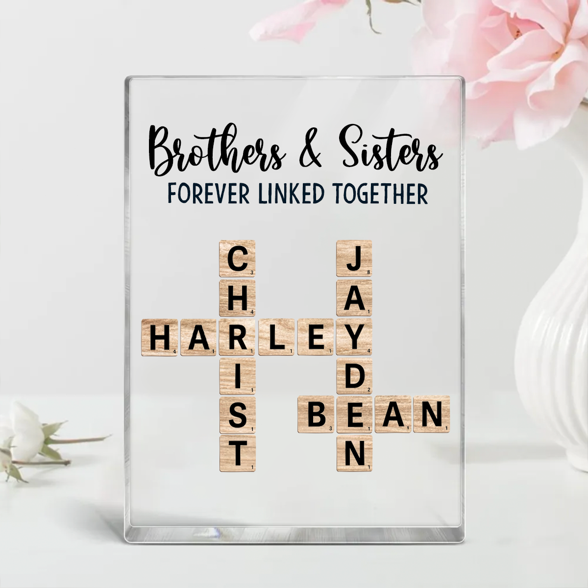 Brothers & Sisters Forever Linked Together Crossword Puzzle Art Personalized Rectangle Acrylic Block Plaque, Gift For Brothers, Sisters, Siblings, Family