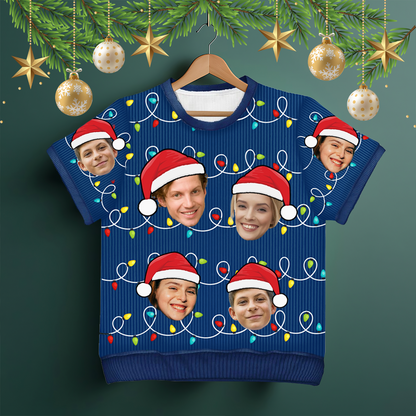 Custom Photo Santa Hat Funny Family Face - Personalized Short Sleeve Sweater