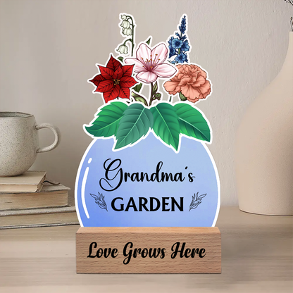 Birth Flower Grandma's Garden - Personalized Custom Shaped Cardstock With Wooden Stand