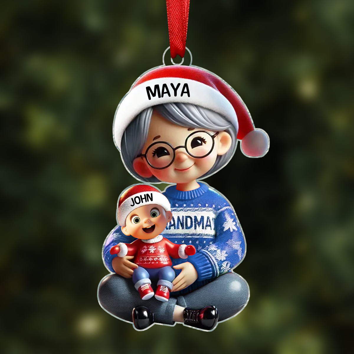 3D Effect Grandma Grandkids Sitting Crossed Legs Personalized Acrylic Ornament, Christmas Gift for Grandma, Granddaughter Grandson