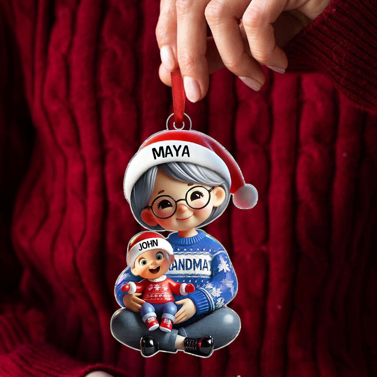 3D Effect Grandma Grandkids Sitting Crossed Legs Personalized Acrylic Ornament, Christmas Gift for Grandma, Granddaughter Grandson