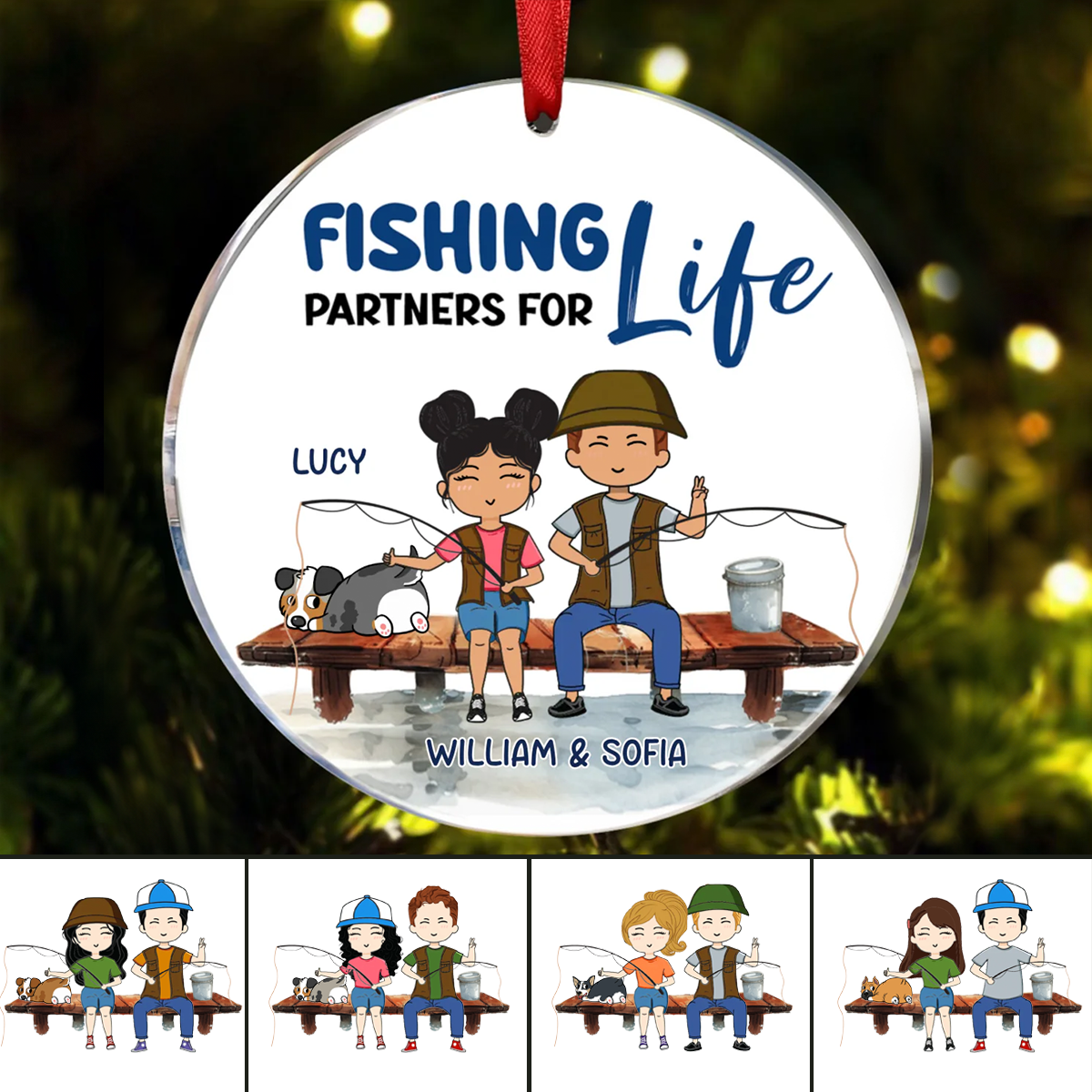 Fishing Partners Chibi Couple and Dog Personalized Circle Ornament