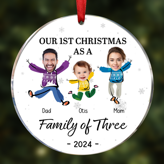 Custom Photo Our First Christmas As A Family Of Three - Personalized Circle Acrylic Ornament