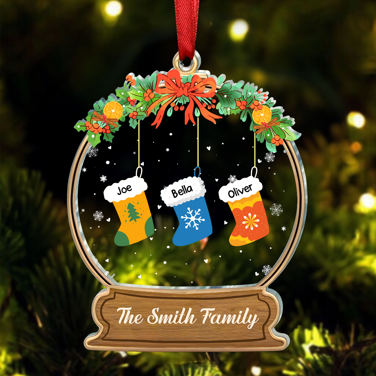 Lovely Stockings Hanging - Family Personalized Custom Ornament - Acrylic Snow Globe Shaped - Christmas Gift For Family Members