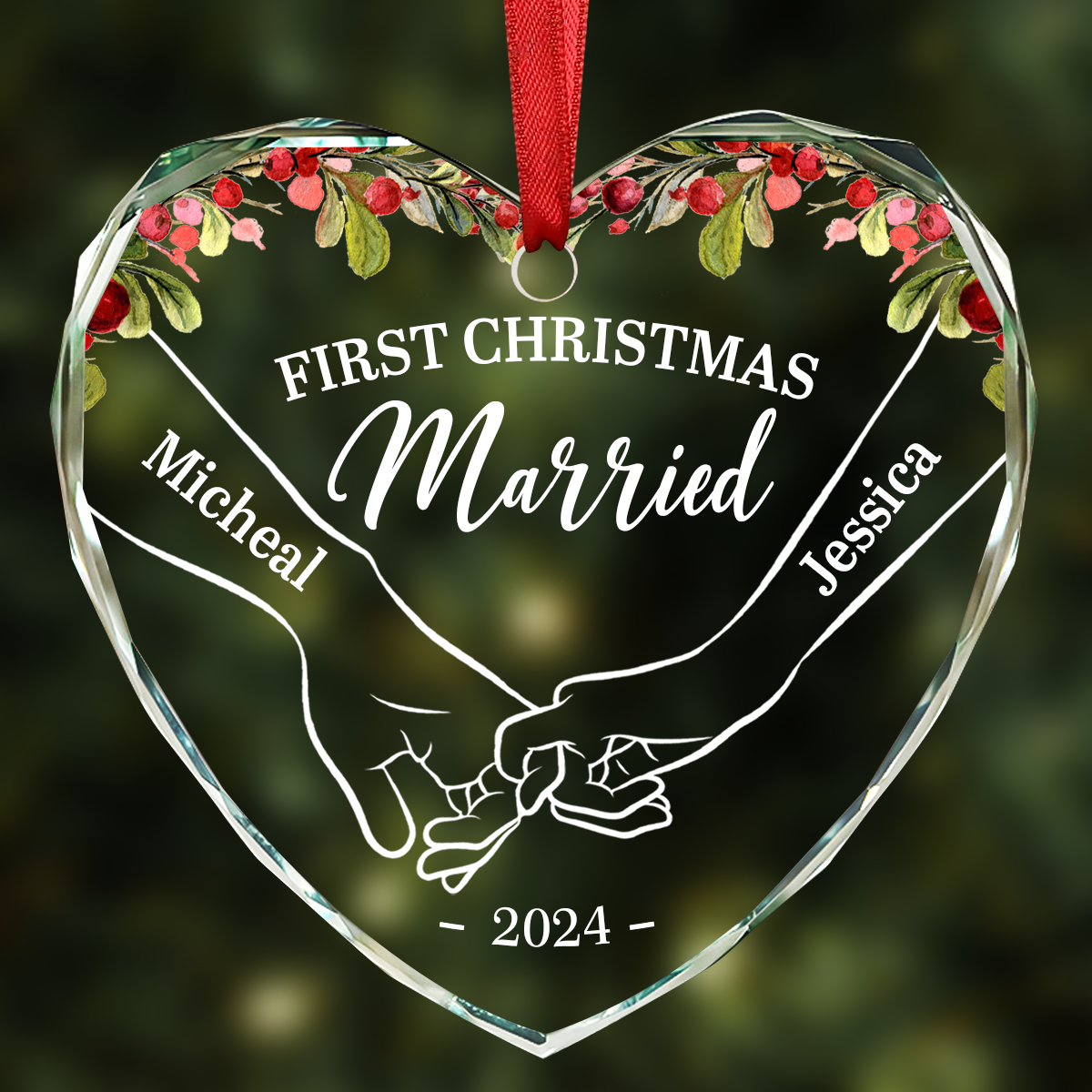 Holding Hands First Christmas Couple - Personalized Heart Shaped Acrylic Ornament