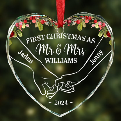 Holding Hands First Christmas Couple - Personalized Heart Shaped Acrylic Ornament