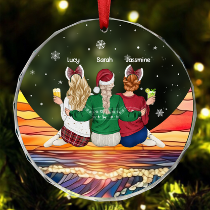 Christmas Besties Sister Sitting On The Moon - Personalized Circle Ornament