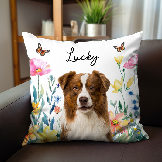 Custom Photo Dog Cat Watercolor Wildflowers - Personalized Pillow