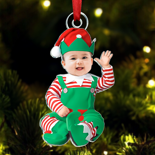 Adorable Newborn Baby Elf - Personalized Babys Photo First Christmas Ornament