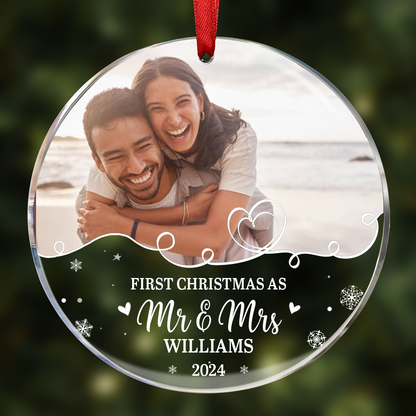 Custom Photo First Christmas As Husband And Wife - Personalized Circle Ornament