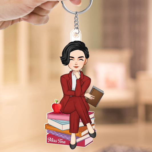 Doll Teacher Sitting On Books Personalized Acrylic Keychain